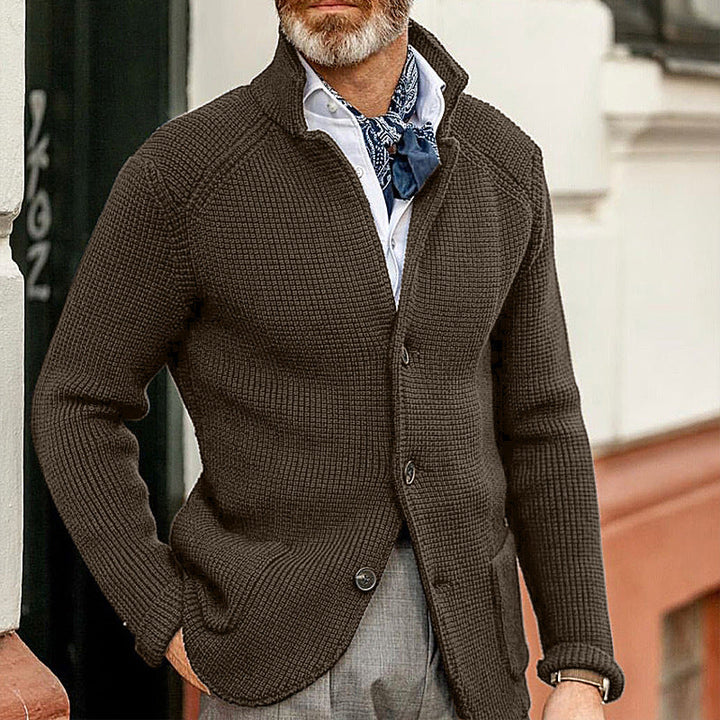 Men's refined textured knit cardigan, perfect for elegant smart casual layering.