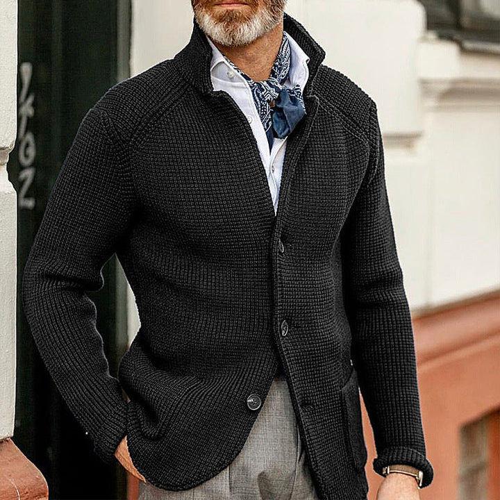 Comfortable men's textured knit cardigan, sophisticated autumn wear and everyday style.