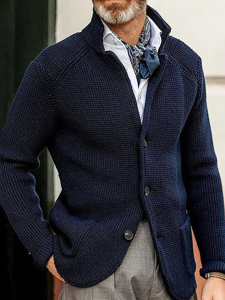 Autumn wear men's refined textured knit cardigan, offering sophisticated and comfortable style.