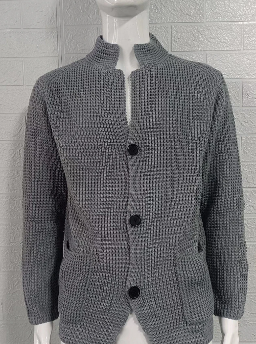 Elegant men's textured knit cardigan, a refined layering piece for smart casual and everyday fashion.