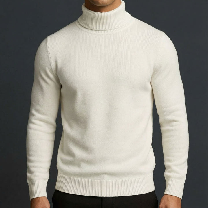 Men's refined winter turtleneck sweater, elegant slim fit. Warm, classic style for cold weather.