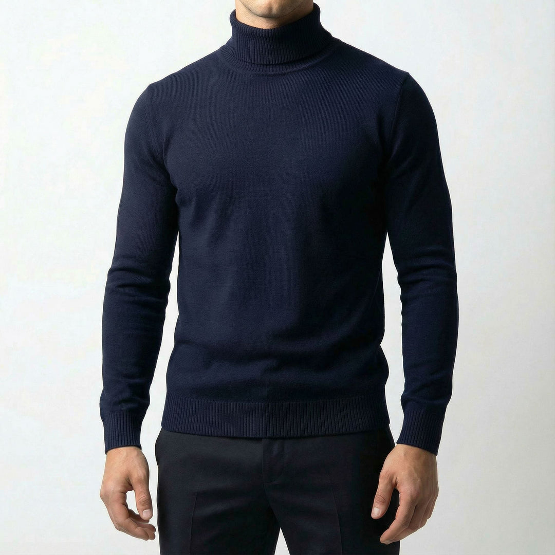 Back view of a men's classic turtleneck, highlighting its elegant fit and winter warmth.