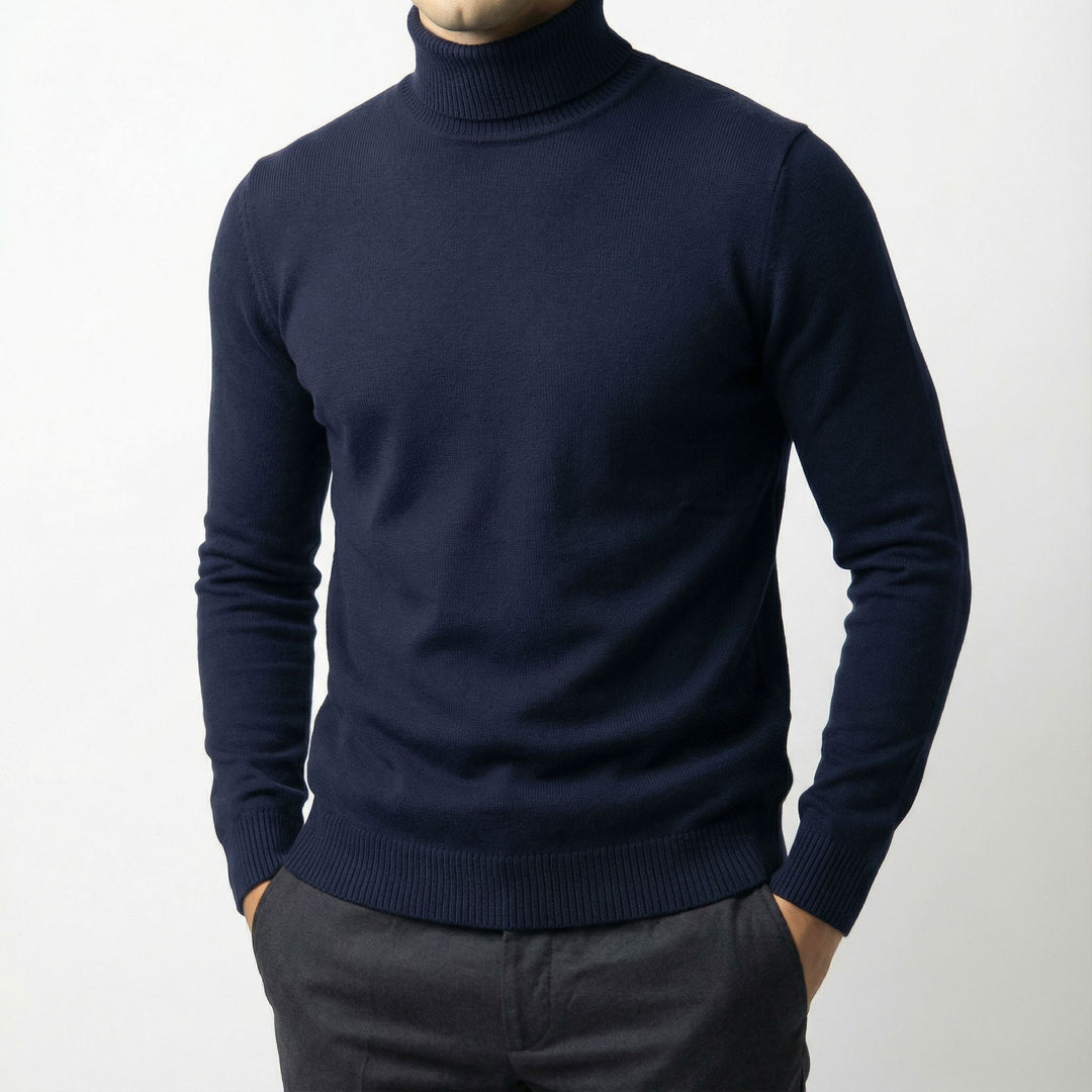 Side profile of a man in a refined turtleneck, demonstrating its sleek, slim-fit silhouette.