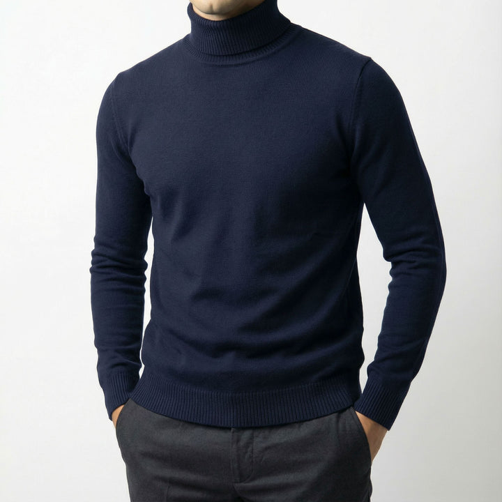 Side profile of a man in a refined turtleneck, demonstrating its sleek, slim-fit silhouette.