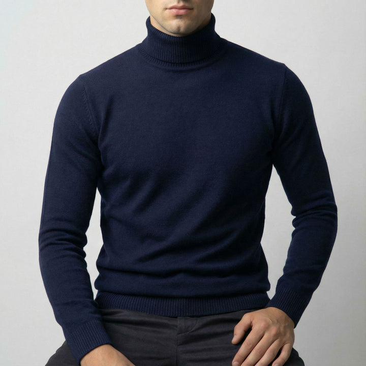 Studio shot of a men's refined turtleneck, showcasing its high-quality knit and classic appeal.
