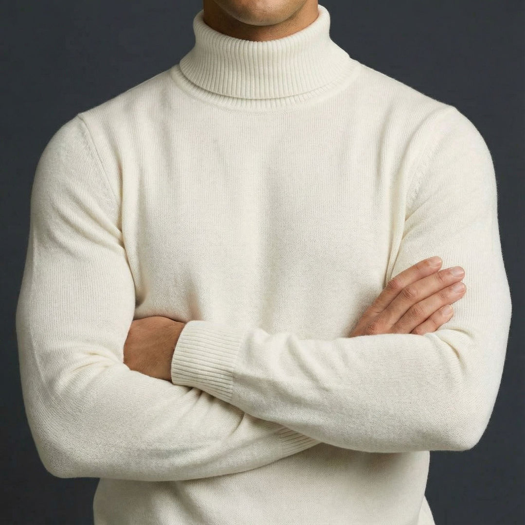 Close-up of soft knit fabric on a men's refined turtleneck, ideal for warm cold-weather layering.