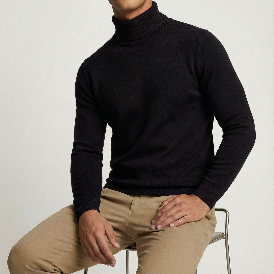 Man enjoying cold weather in a warm, comfortable men's turtleneck, embodying timeless style.