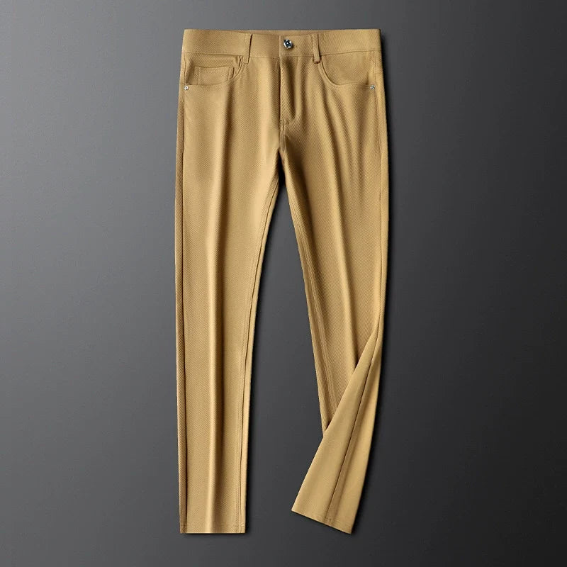 Refined men's woven pants, sophisticated for casual or dress wear, timeless appeal.