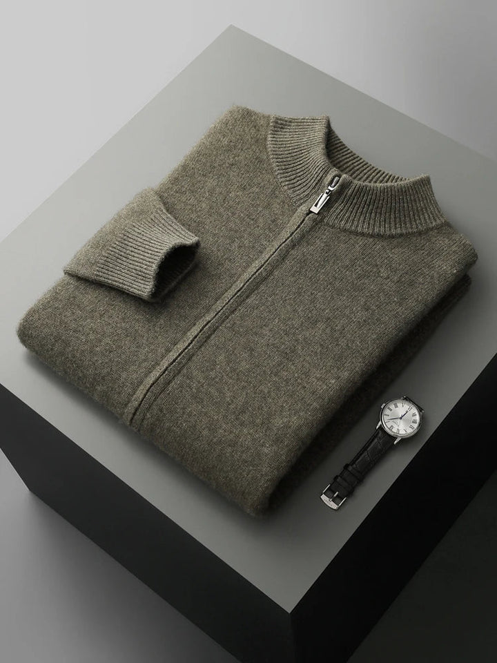 Modern men's zip-front cardigan, a versatile long-sleeve layering piece for smart casual fashion.