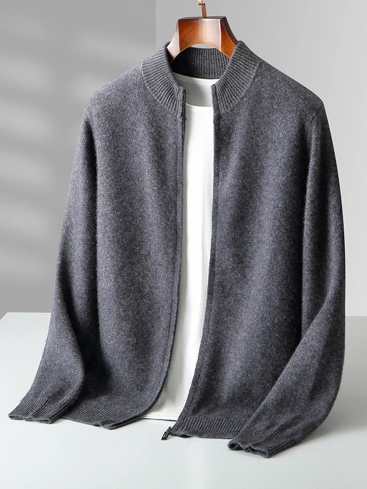 Stylish men's zip cardigan for smart casual outfits, offering comfortable everyday layering.