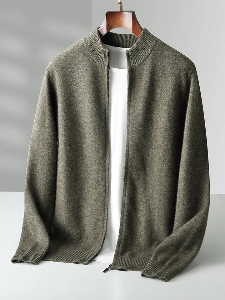 Man wearing a refined zip-front cardigan, showcasing its smart casual style and comfortable fit.