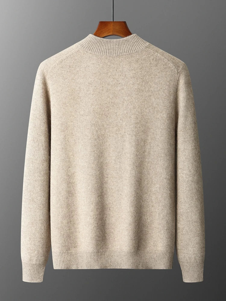 Close-up of a refined knit men's zip-front cardigan, highlighting its quality and versatile texture.