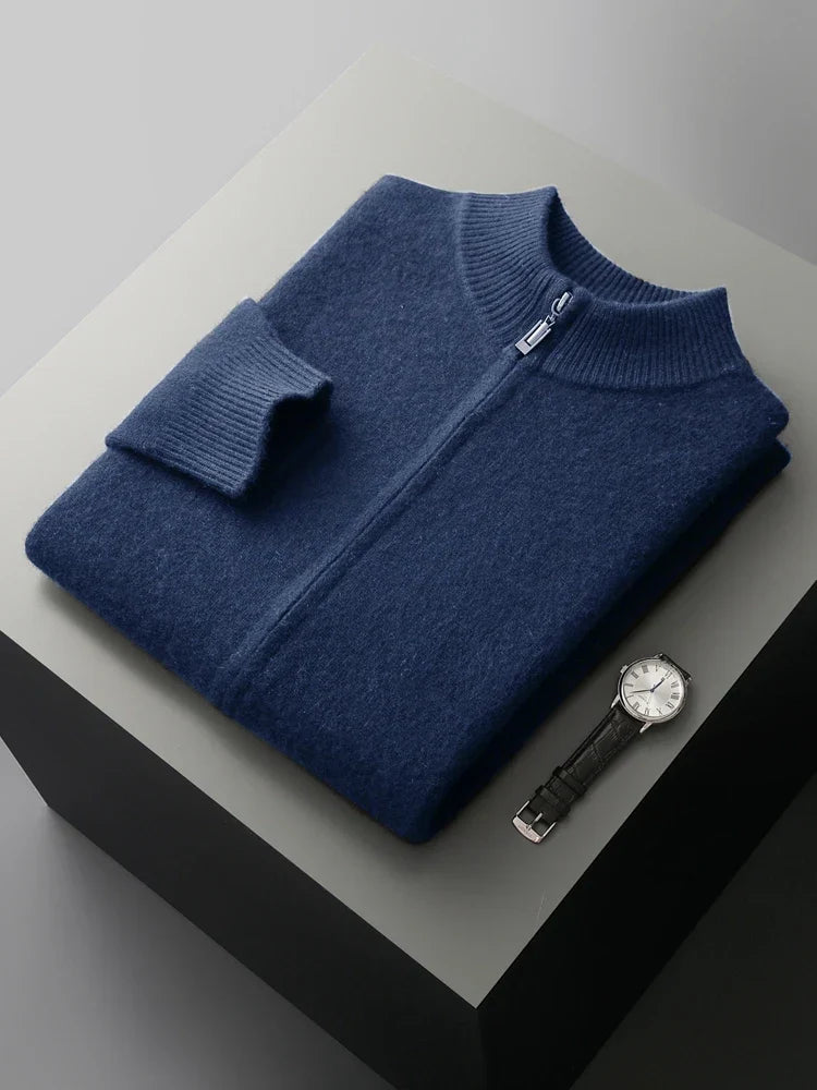 Classic men's zip-front layering cardigan, a comfortable long-sleeve piece for smart casual outfits.
