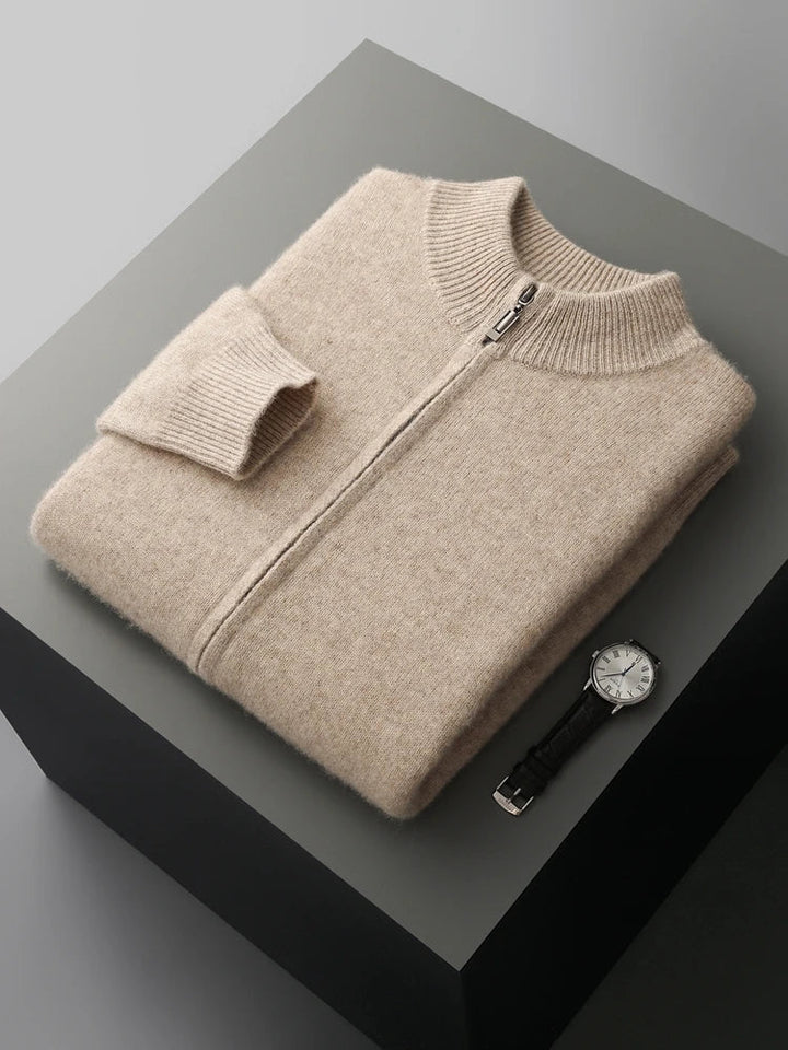 Men's zip-front long-sleeve cardigan, designed for comfortable and versatile layering in men's fashion.