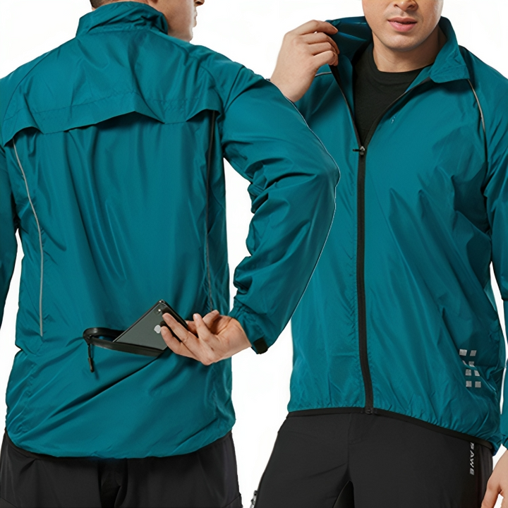 Versatile men's reflective cycling jacket, perfect for staying visible, dry, and comfortable.