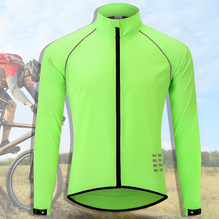 Durable men's waterproof cycling jacket keeps riders dry and protected from wind & rain.