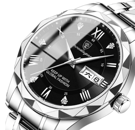 Close-up of a men's Regalia luxury watch, showcasing its diamond dial, titanium steel, and fine leather strap.