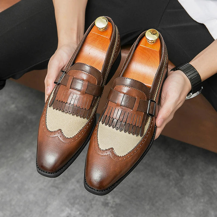 Men's Regent brogue loafers, elegant slip-on dress shoes, perfect for formal & smart casual.