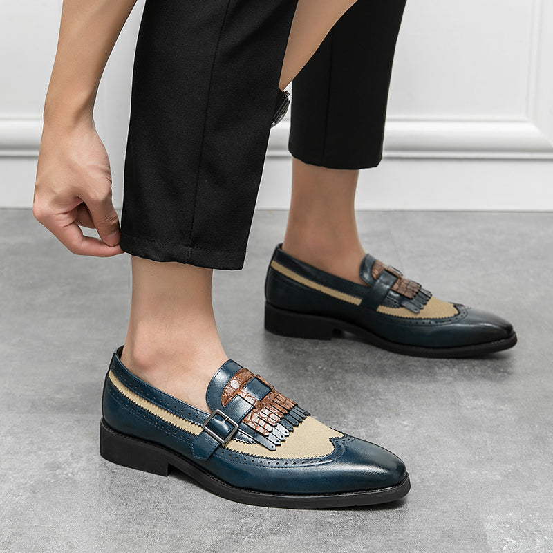 Stylish men's Regent slip-on loafers, brogue detail, perfect for smart casual attire.