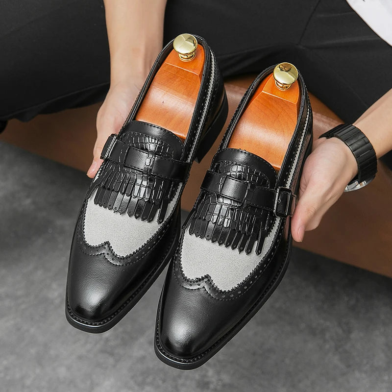 Handcrafted men's slip-on brogue loafers with stylish croc embossed detail and fringe.