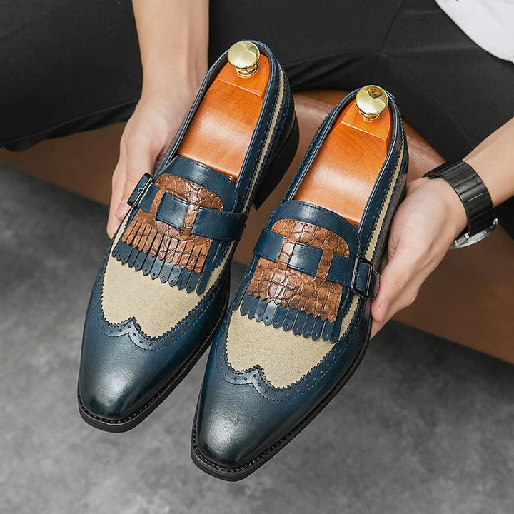 Elegant men's Regent brogue loafers, slip-on style with fringe detail for smart casual wear.