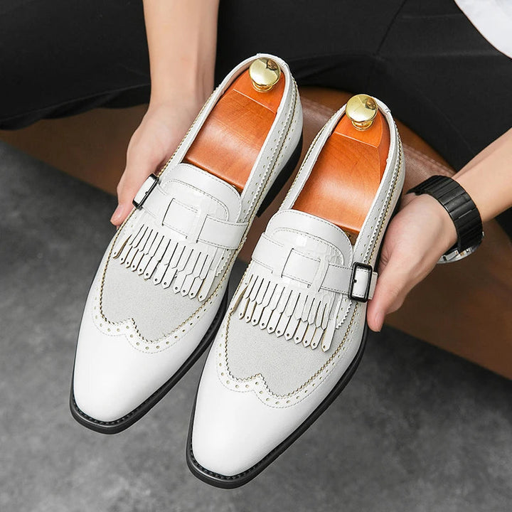 Formal men's Regent slip-on brogue loafers, handcrafted with croc embossed finish.
