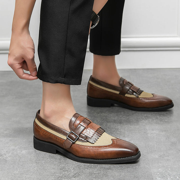Croc embossed men's slip-on brogue loafers with sophisticated fringe detail.