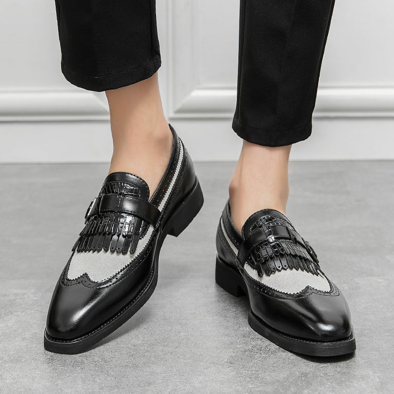 Men's formal slip-on brogue loafers, elegant with unique croc embossing & fringe detail.