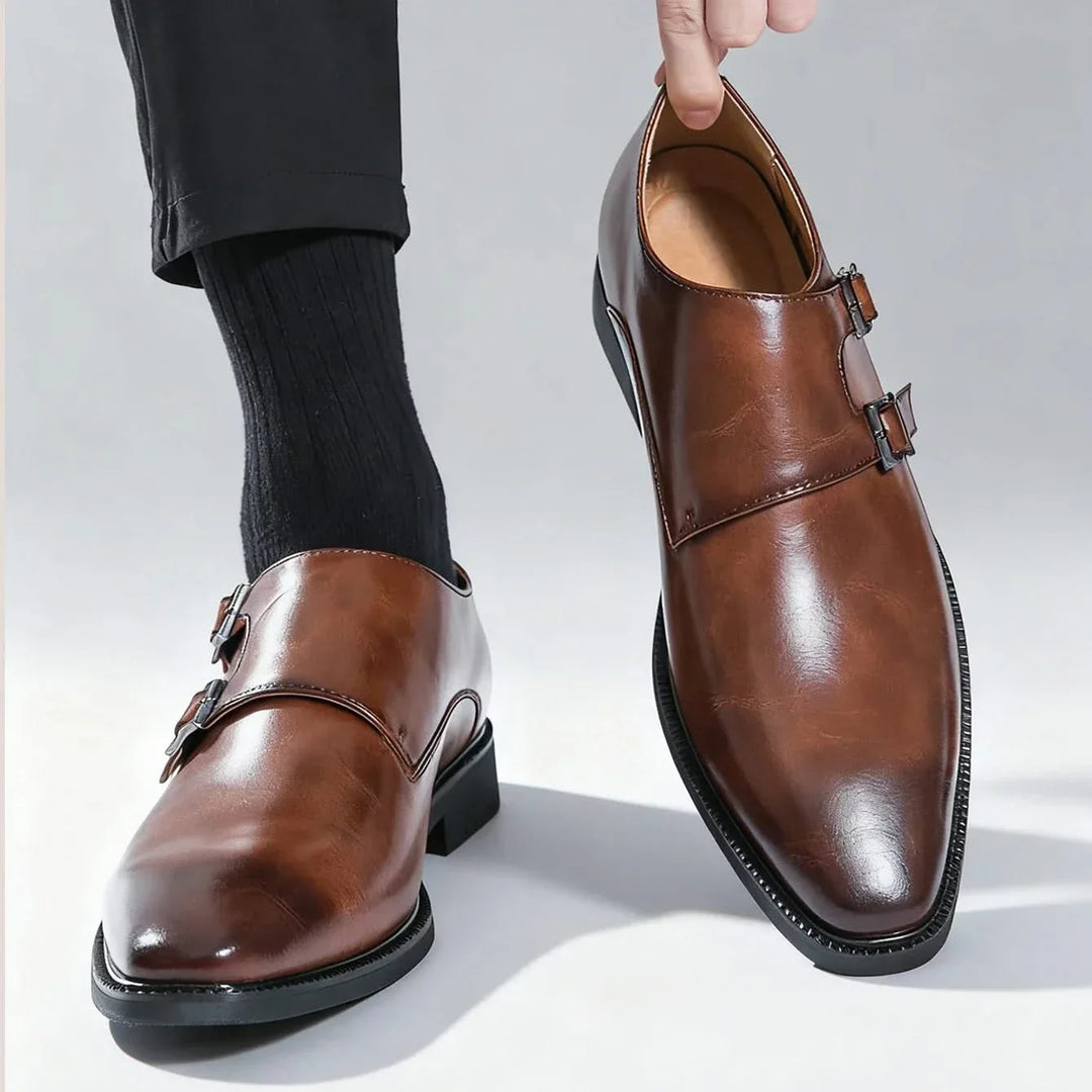 Elegant men's Regent Monk Loafers. Close-up of the stylish monk strap on these formal dress shoes.