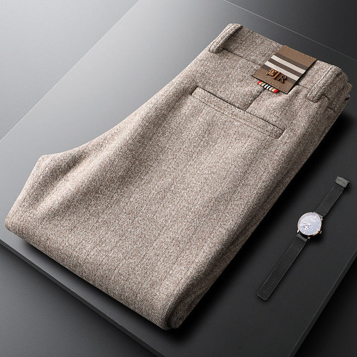 Close-up of Regent tailored men's trousers fabric, showcasing texture, quality, and comfortable dress pants.