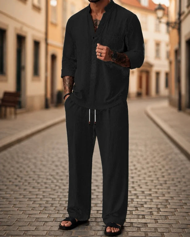 Men's relaxed fit 2-piece shirt & pants set in a light color, ideal for summer casual wear or comfortable lounge travel.