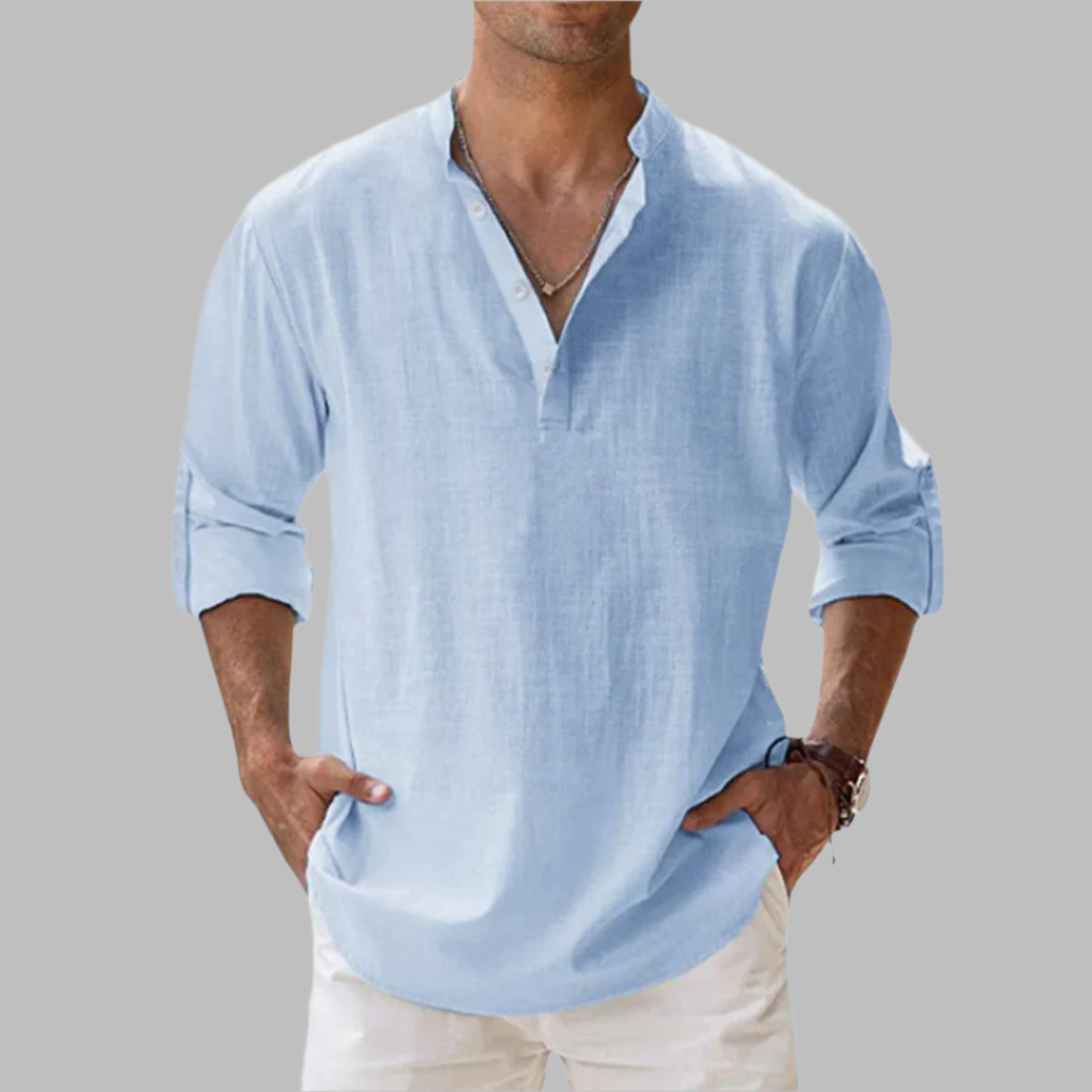 Men's relaxed fit band collar shirt, ideal for warm weather comfort and casual summer style.