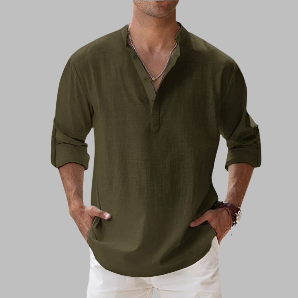 Breathable men's relaxed fit band collar shirt, a casual essential for ultimate warm weather comfort.