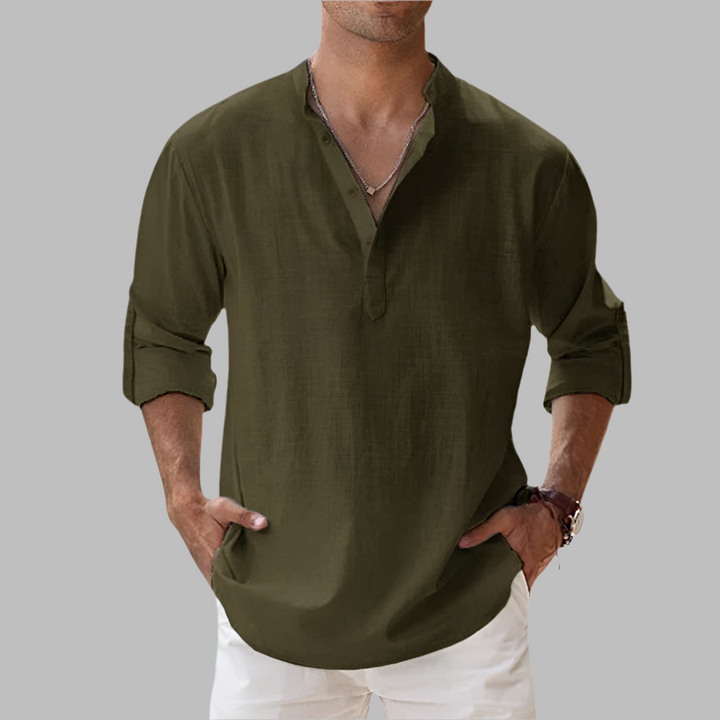 Breathable men's relaxed fit band collar shirt, a casual essential for ultimate warm weather comfort.