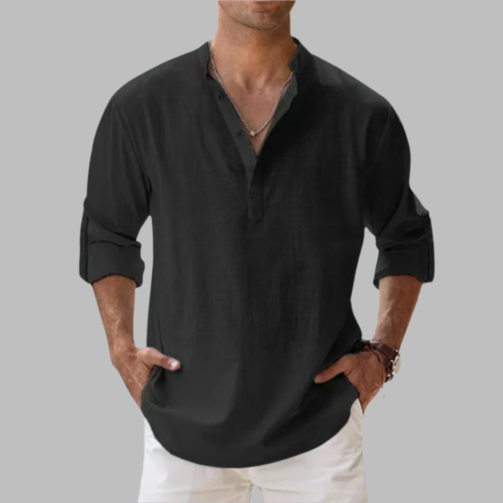 Casual men's long sleeve band collar shirt with a relaxed fit, perfect for summer vacation wear.
