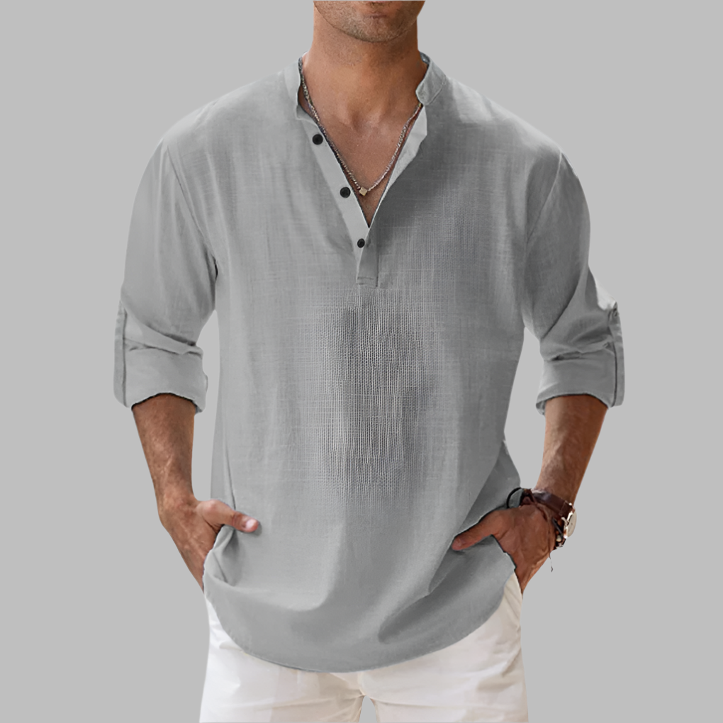 Comfortable men's band collar button-down shirt, relaxed fit, great for beach & warm weather.