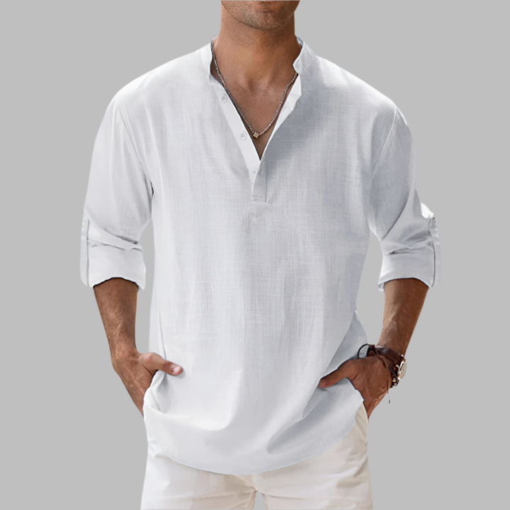 Soft, relaxed fit men's band collar shirt, a breathable and stylish choice for sunny days.