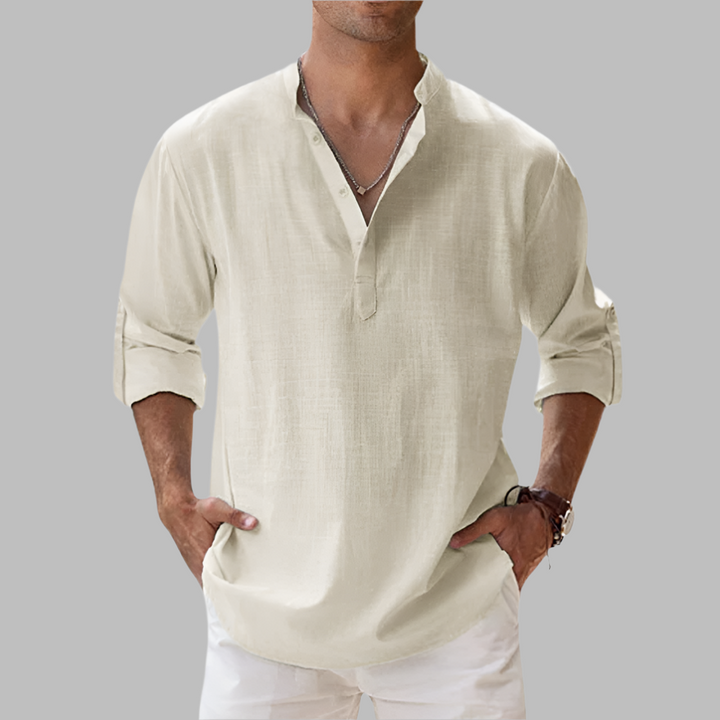 Versatile men's relaxed fit band collar shirt, ideal for casual summer outfits and travel.