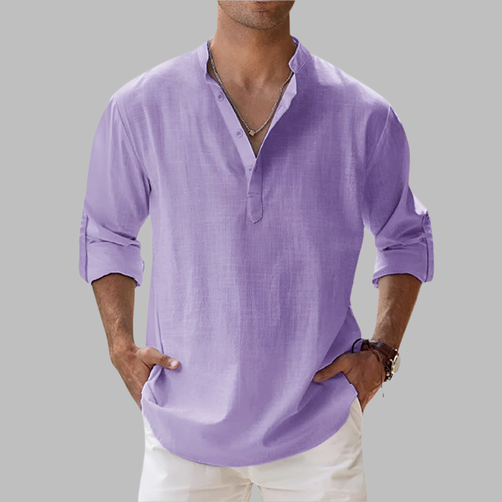 Stylish men's band collar shirt, relaxed fit long sleeve, perfect for warm weather fashion.