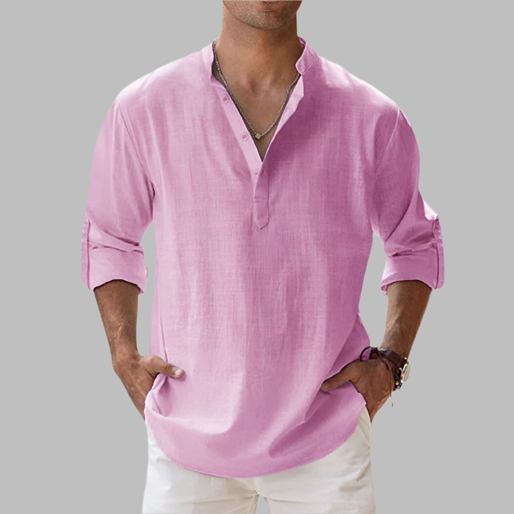 Men's relaxed fit band collar summer shirt, lightweight and comfortable for hot climates.