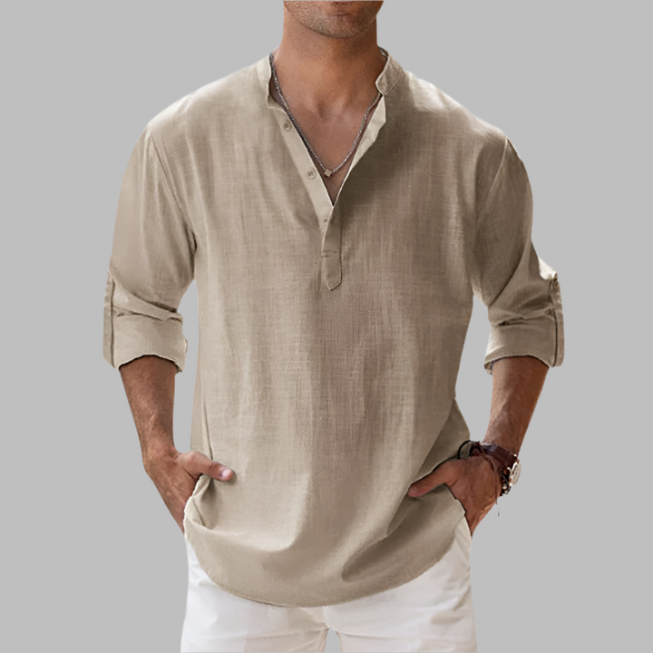 Long sleeve men's relaxed fit band collar shirt, a comfortable button-down for summer vacation.