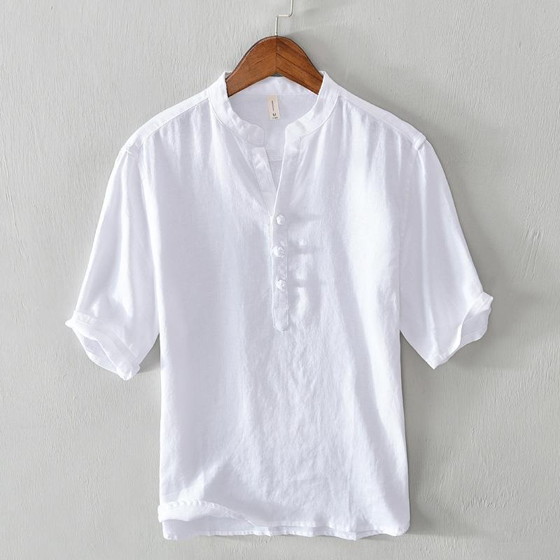 Men's relaxed fit banded collar casual shirt, three-button design. Perfect for summer everyday style.