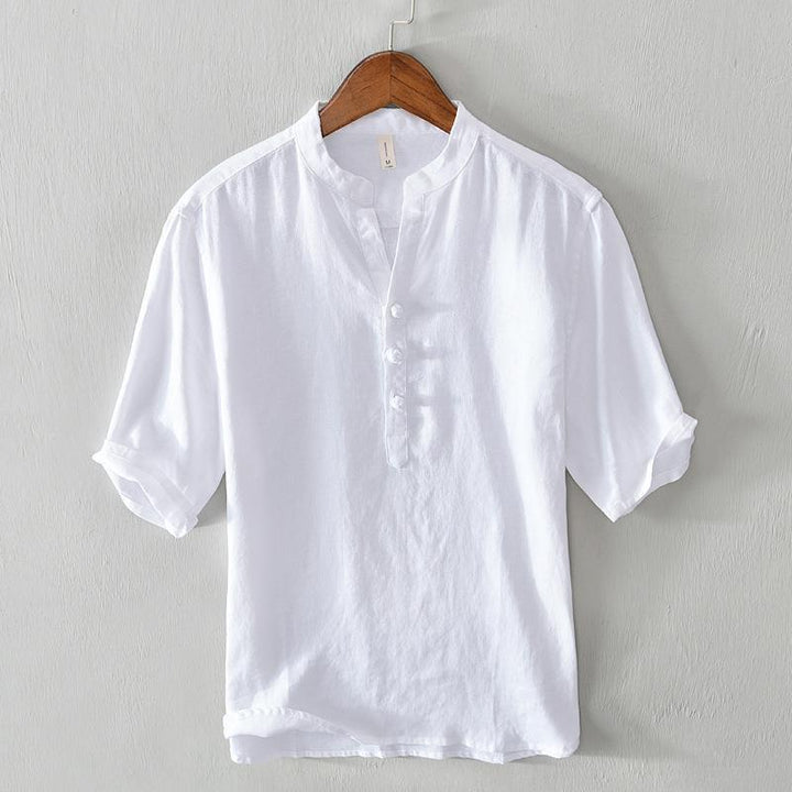 Men's relaxed fit banded collar casual shirt, three-button design. Perfect for summer everyday style.
