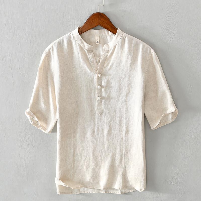Comfortable men's relaxed fit casual shirt with a stylish banded collar & three-button placket for summer wear.