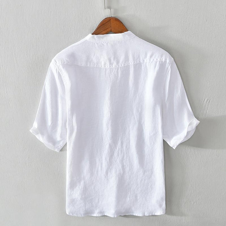 Modern men's relaxed fit banded collar shirt, a versatile casual top for everyday style & summer wear.