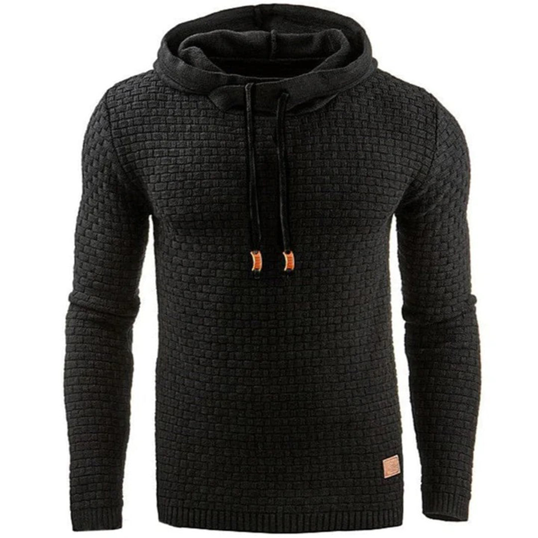Men's relaxed fit black pullover sweater. Comfortable, stylish casual wear, perfect for fall & winter layering.