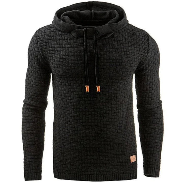 Men's relaxed fit black pullover sweater. Comfortable, stylish casual wear, perfect for fall & winter layering.