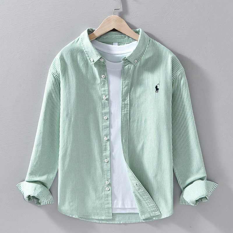 Green men's relaxed fit button-front shirt, tailored long sleeves, comfortable and versatile casual wear.