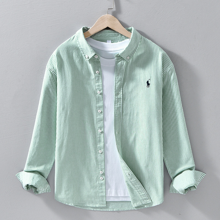 Green men's relaxed fit button-front shirt, tailored long sleeves, comfortable and versatile casual wear.