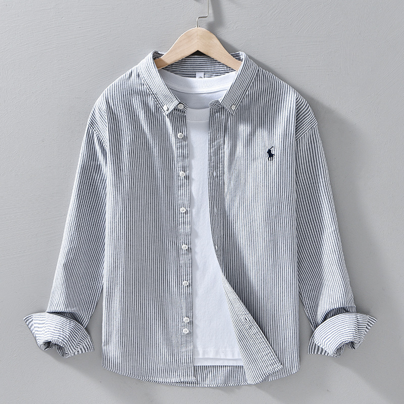 Classic men's relaxed fit long sleeve button-front shirt in a stylish blue, ideal for casual comfort.